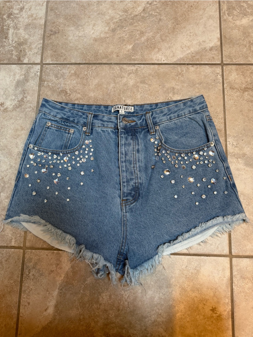 Signature8 Blue Denim High-Waist Rhinestone Frayed Hem Shorts, Size Large